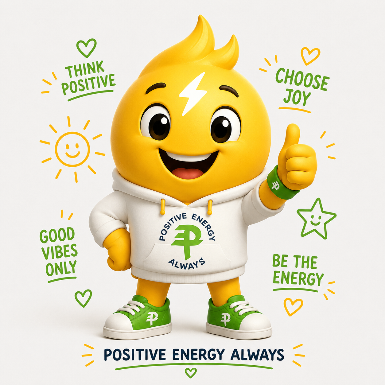 Sparky, the yellow Positive Energy Always mascot, giving a thumbs up